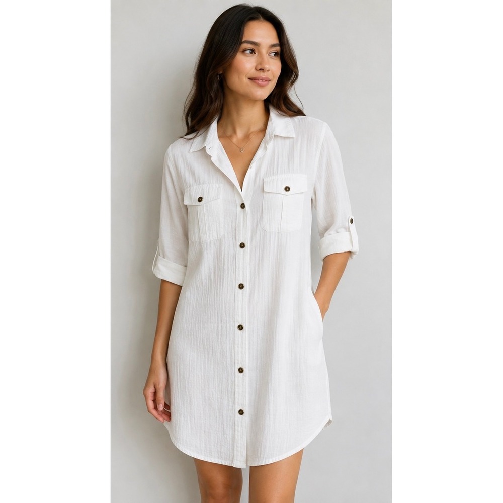 Dotti White Textured Button Down Shirt Dress Cover Up Size Medium